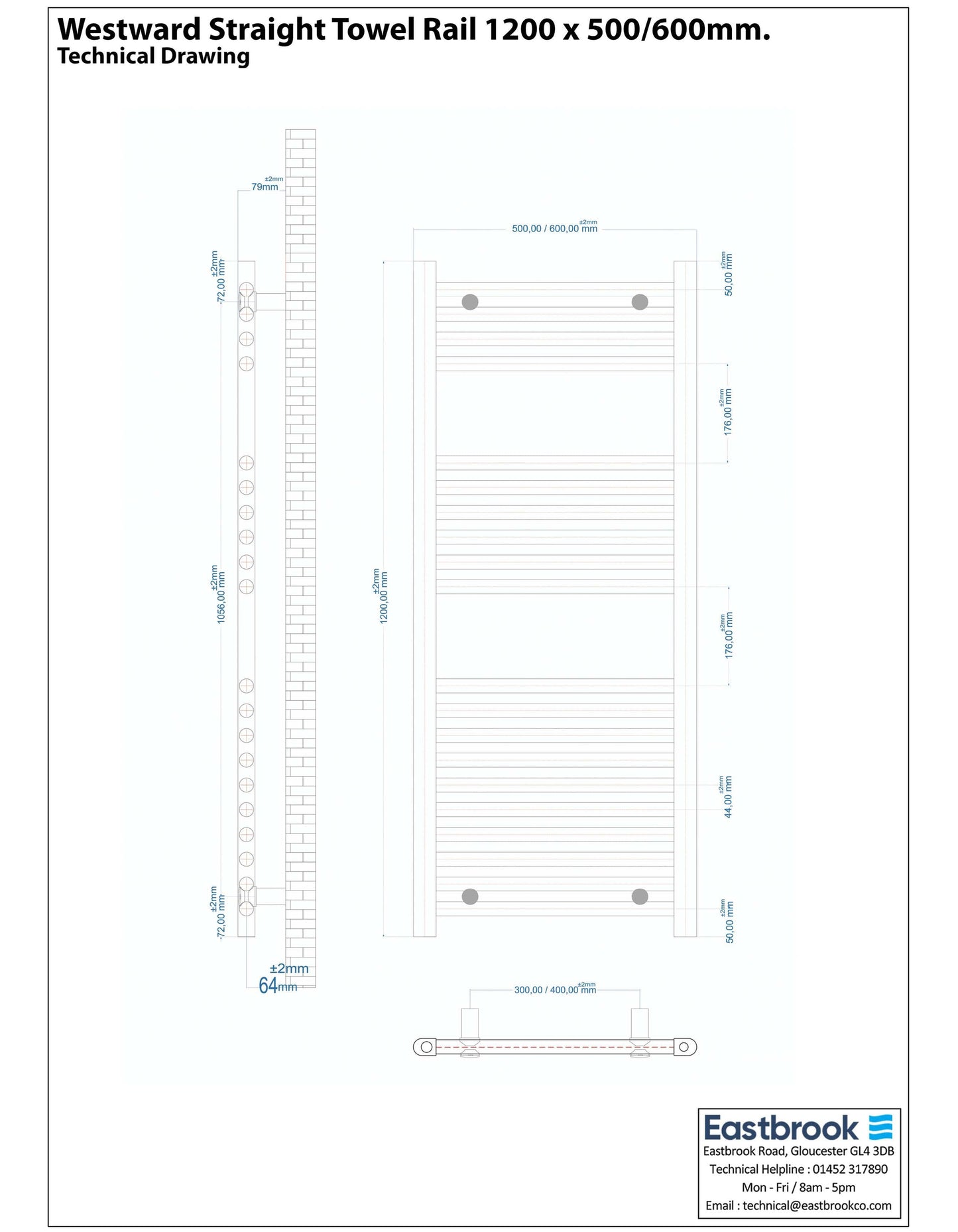 Eastbrook Westward Electric Straight Gloss White Towel Rail 1200mm x 600mm Technical Image 89.0580-ELE