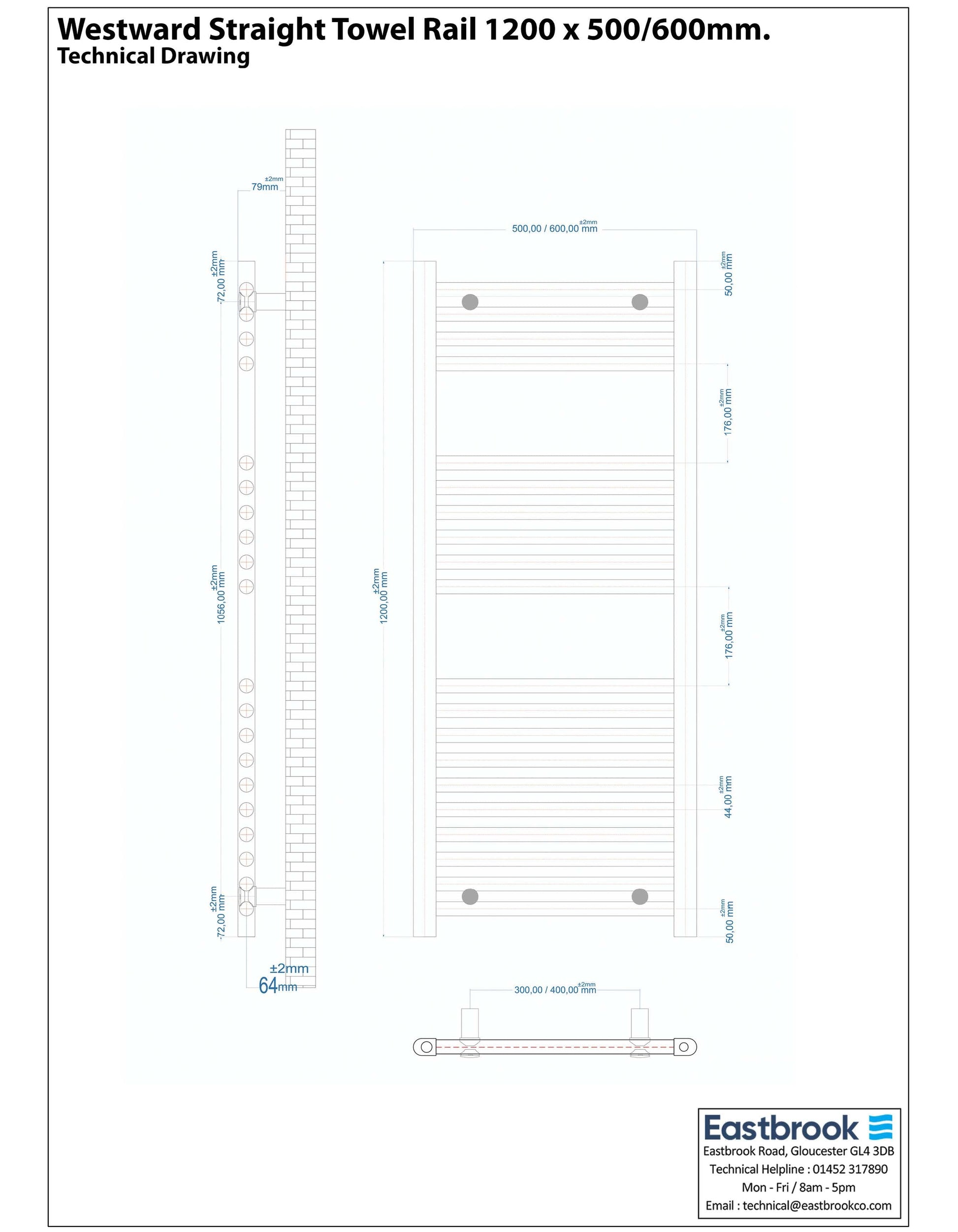 Eastbrook Westward Electric Straight Gloss White Towel Rail 1200mm x 600mm Technical Image 89.0580-ELE