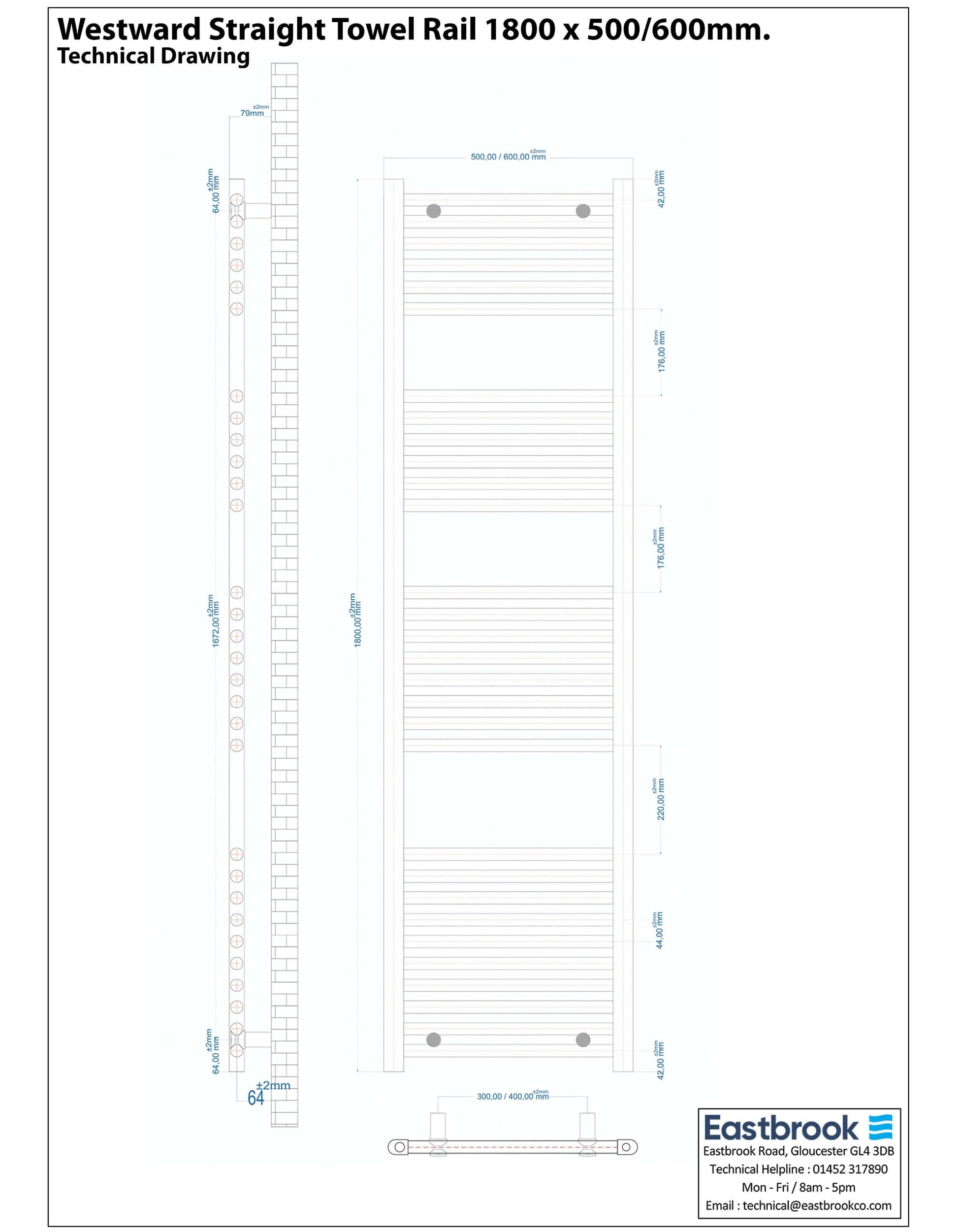 Eastbrook Westward Electric Straight Gloss White Towel Rail 1800mm x 600mm Technical Image 89.0583-ELE