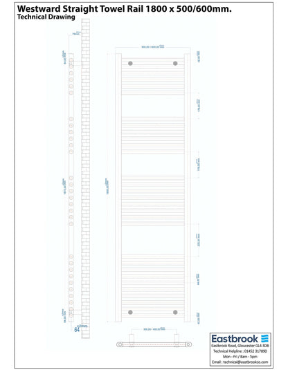 Eastbrook Westward Electric Straight Gloss White Towel Rail 1800mm x 600mm Technical Image 89.0583-ELE