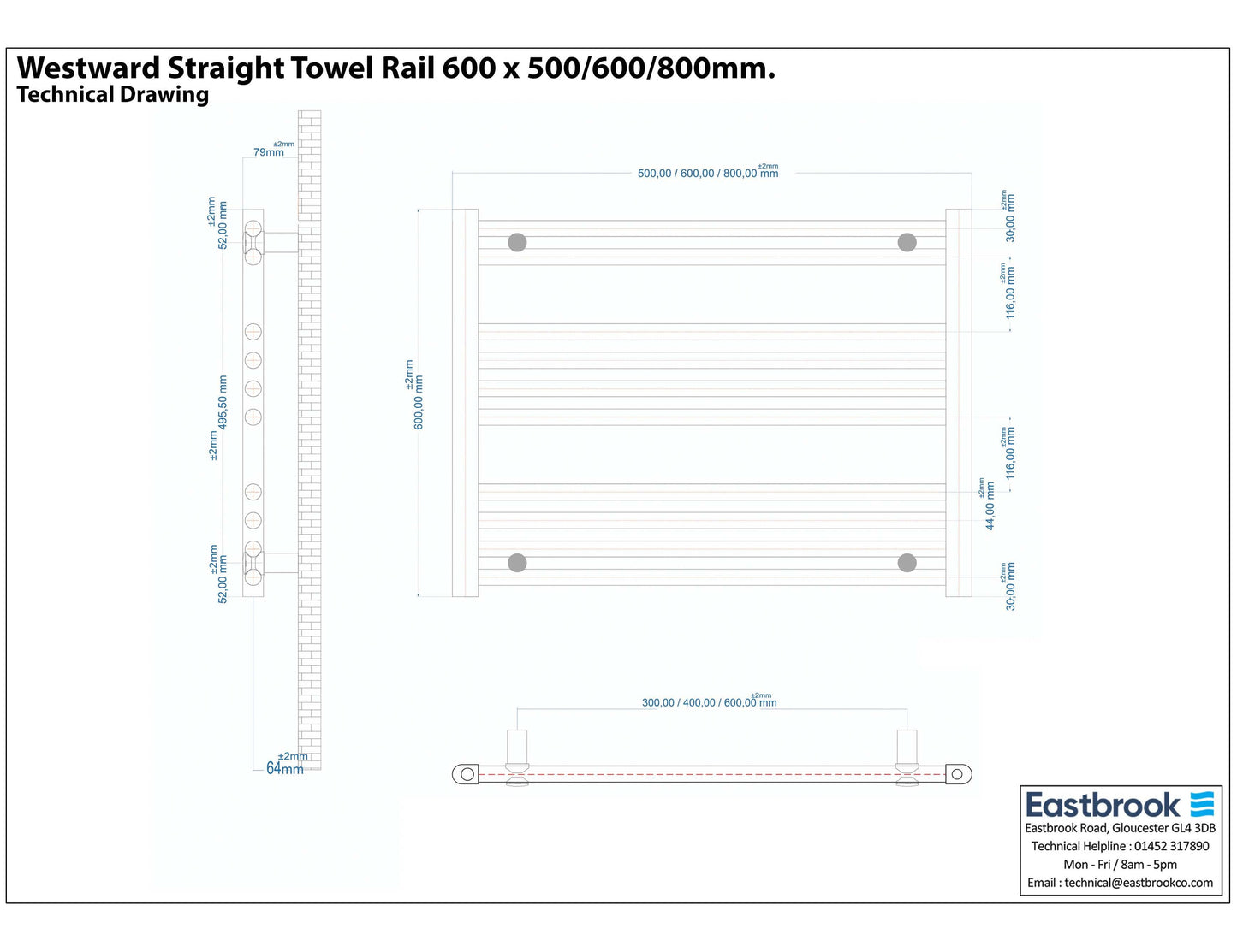 Eastbrook Westward Electric Straight Gloss White Towel Rail 600mm x 800mm Technical Image 89.0574-ELE