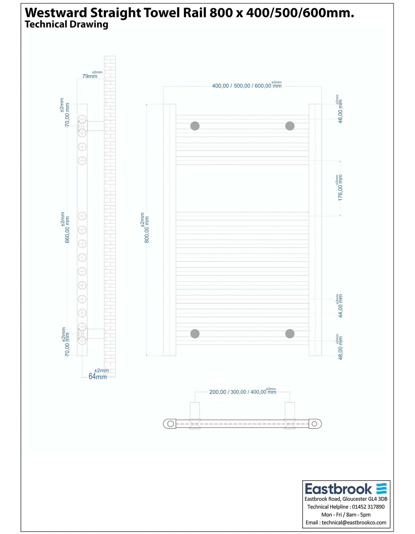 Eastbrook Westward Electric Straight Gloss White Towel Rail 800mm x 400mm Technical Image 89.0575-ELE