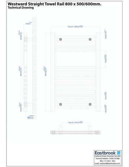 Eastbrook Westward Electric Straight Gloss White Towel Rail 800mm x 500mm Technical Image 89.0576-ELE