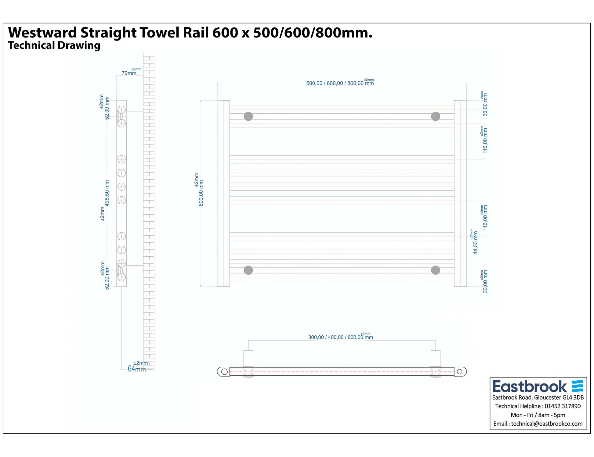 Eastbrook Westward Straight Gloss White Towel Rail 600mm x 500mm Technical Image 89.0572