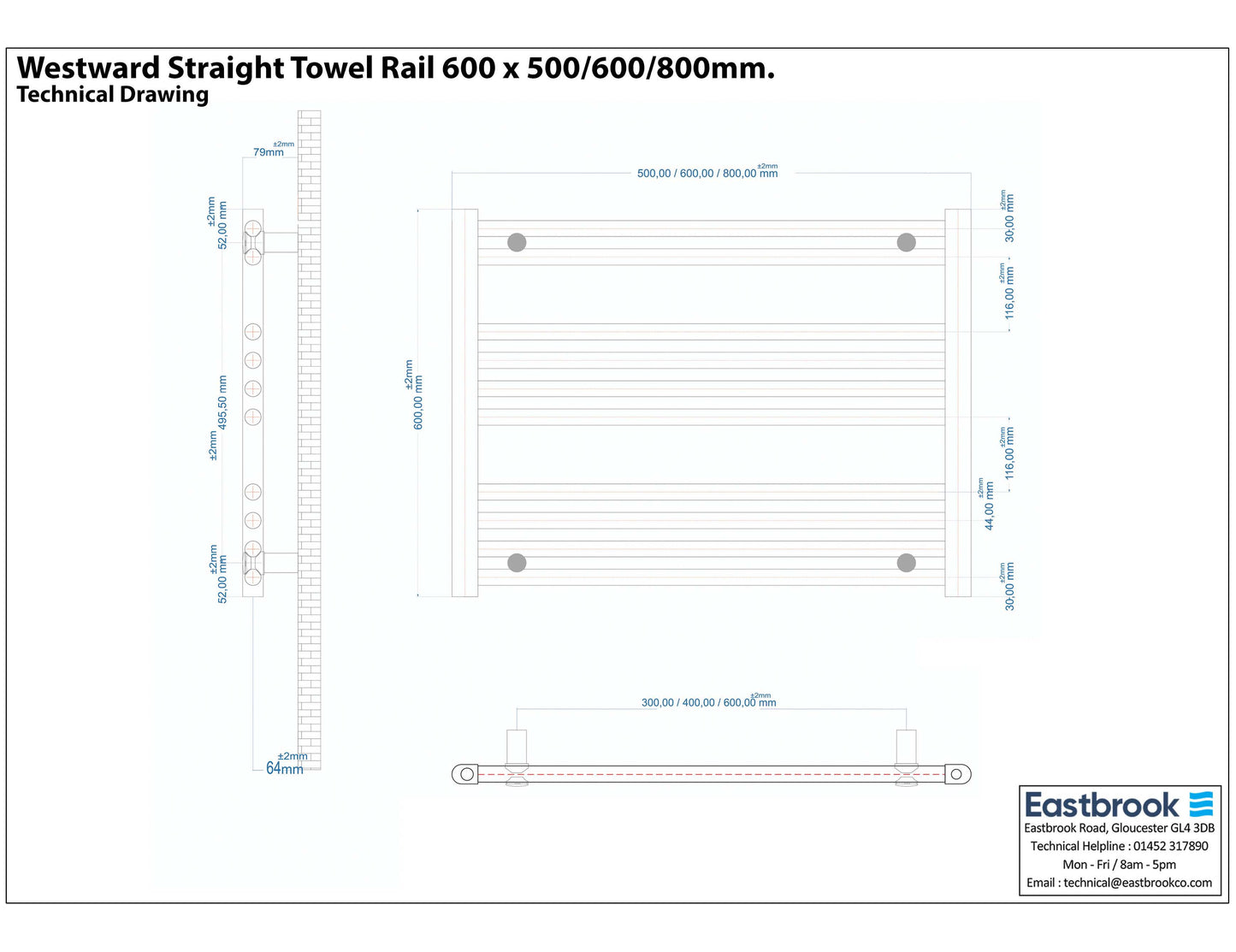 Eastbrook Westward Straight Gloss White Towel Rail 600mm x 800mm Technical Image 89.0574