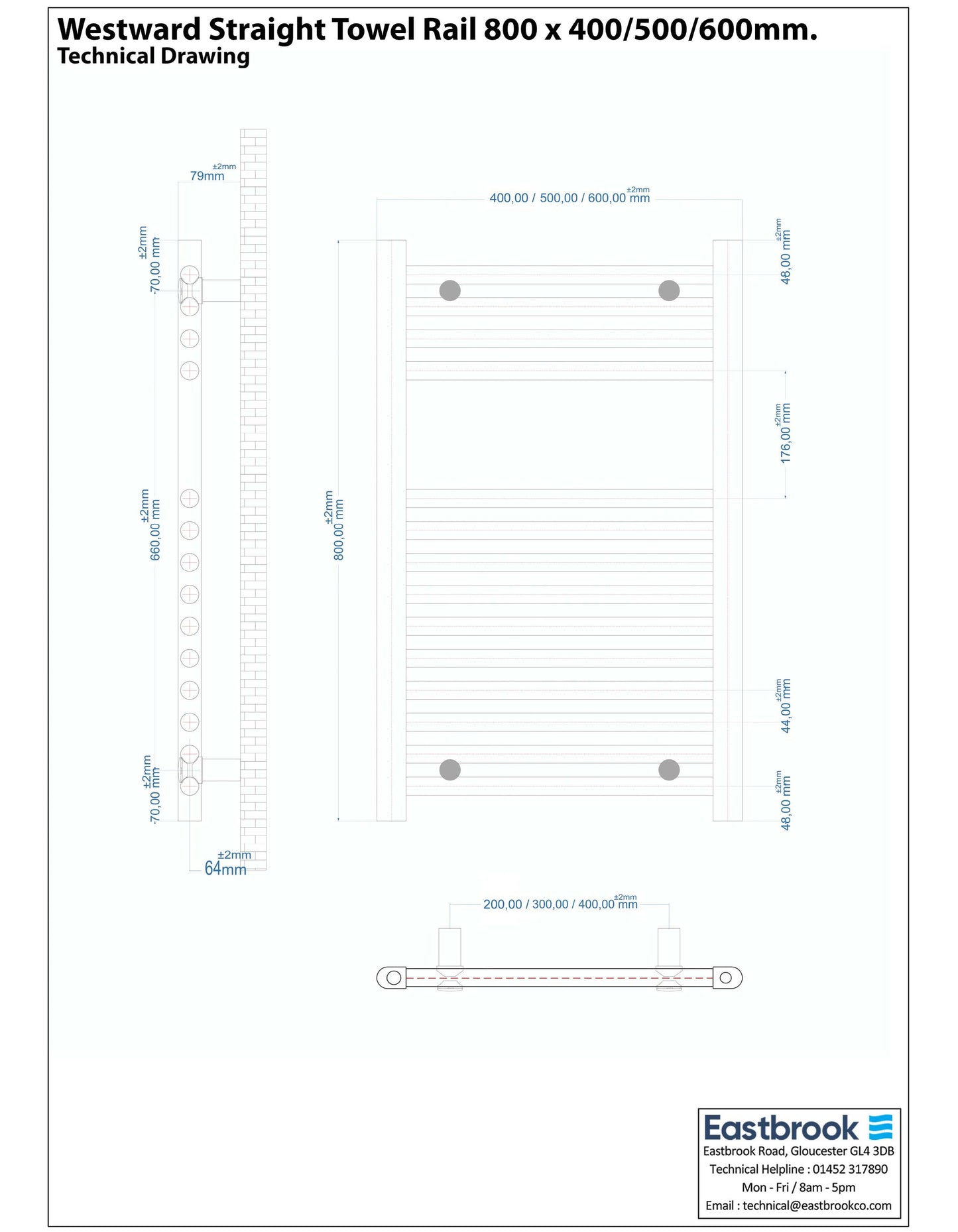 Eastbrook Westward Straight Gloss White Towel Rail 800mm x 400mm Technical Image 89.0575