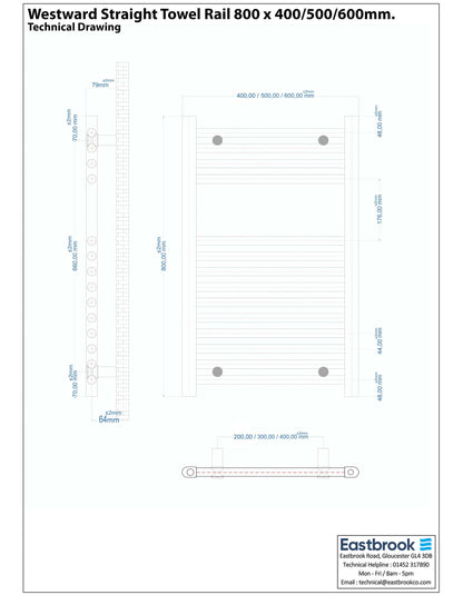 Eastbrook Westward Straight Gloss White Towel Rail 800mm x 400mm Technical Image 89.0575