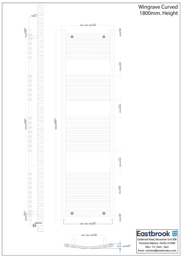 Eastbrook Wingrave Curved Chrome Towel Rail 1800mm x 600mm Technical Image 89.0398