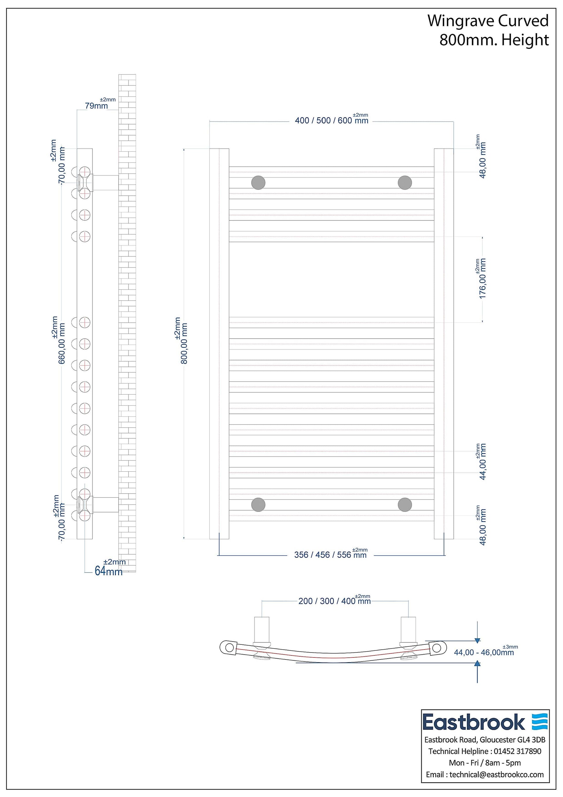 Eastbrook Wingrave Curved Gloss White Towel Rail 800mm x 400mm Technical Image 89.0696