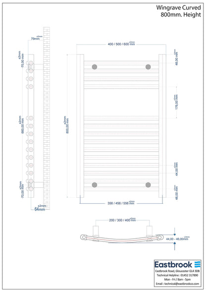 Eastbrook Wingrave Curved Gloss White Towel Rail 800mm x 400mm Technical Image 89.0696