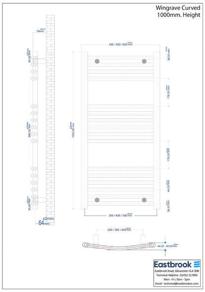 Eastbrook Wingrave Electric Curved Chrome Towel Rail 1000mm x 500mm Technical Image 89.0388-ELE