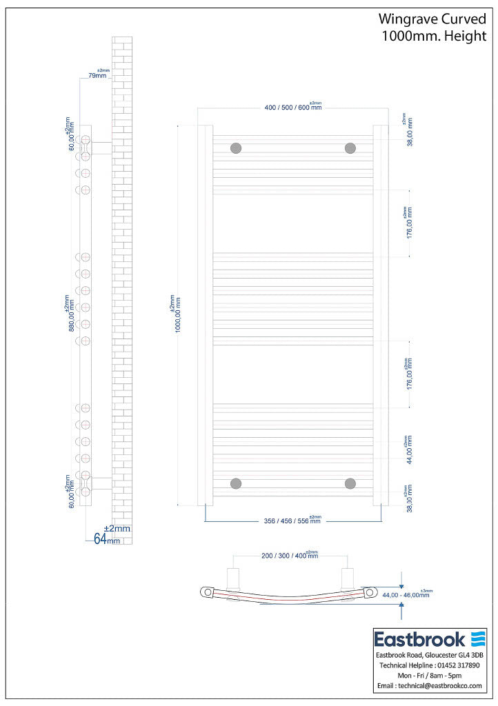 Eastbrook Wingrave Electric Curved Chrome Towel Rail 1000mm x 600mm Technical Image 89.0389-ELE