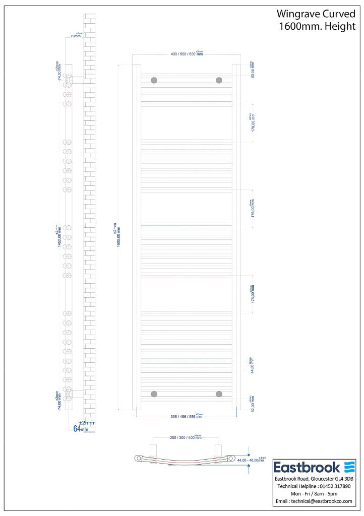 Eastbrook Wingrave Electric Curved Chrome Towel Rail 1600mm x 500mm Technical Image 89.0394-ELE