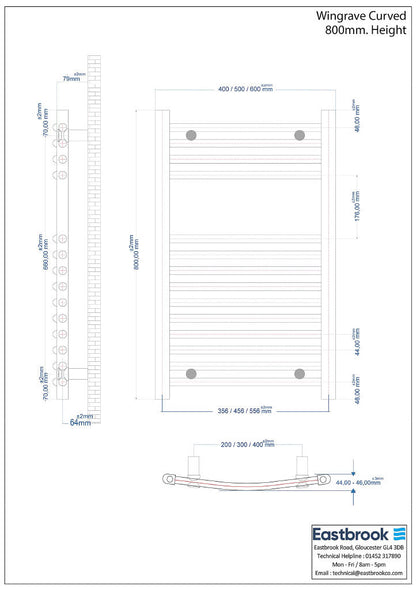 Eastbrook Wingrave Electric Curved Chrome Towel Rail 800mm x 400mm Technical Image 89.0384-ELE