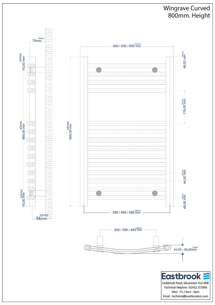 Eastbrook Wingrave Electric Curved Chrome Towel Rail 800mm x 600mm Technical Image 89.0386-ELE