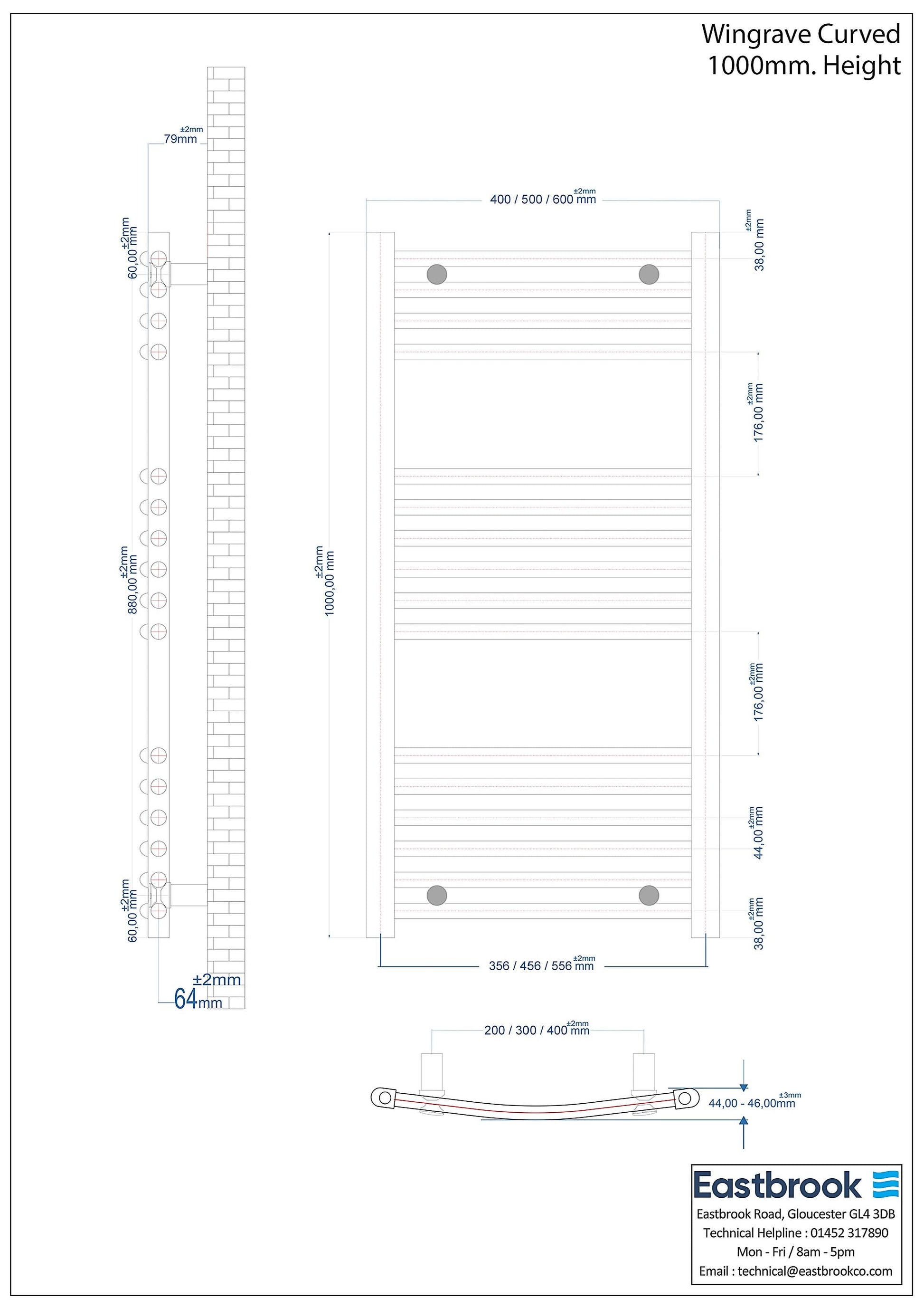 Eastbrook Wingrave Electric Curved Gloss White Towel Rail 1000mm x 500mm Technical Image 89.0700-ELE