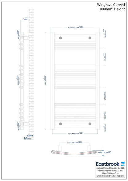 Eastbrook Wingrave Electric Curved Gloss White Towel Rail 1000mm x 600mm Technical Image 89.0701-ELE