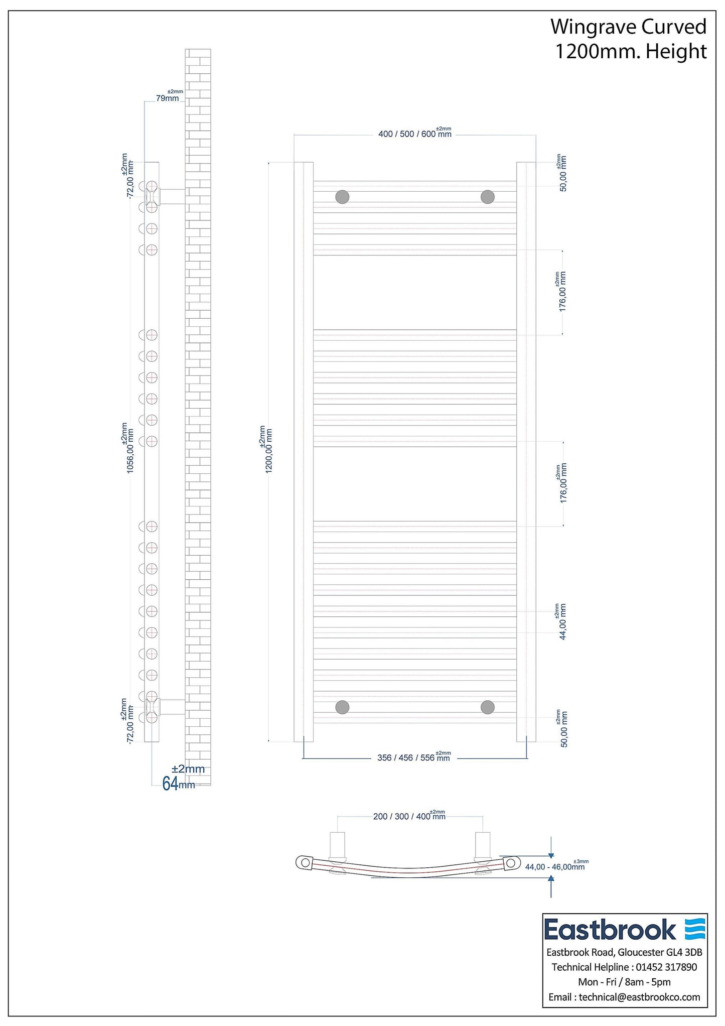 Eastbrook Wingrave Electric Curved Gloss White Towel Rail 1200mm x 400mm Technical Image 89.0702-ELE