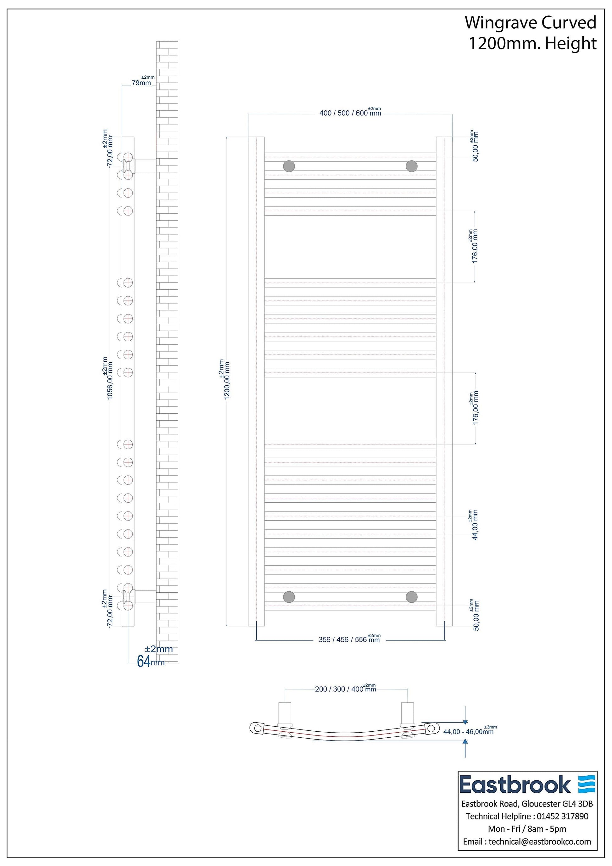 Eastbrook Wingrave Electric Curved Gloss White Towel Rail 1200mm x 400mm Technical Image 89.0702-ELE
