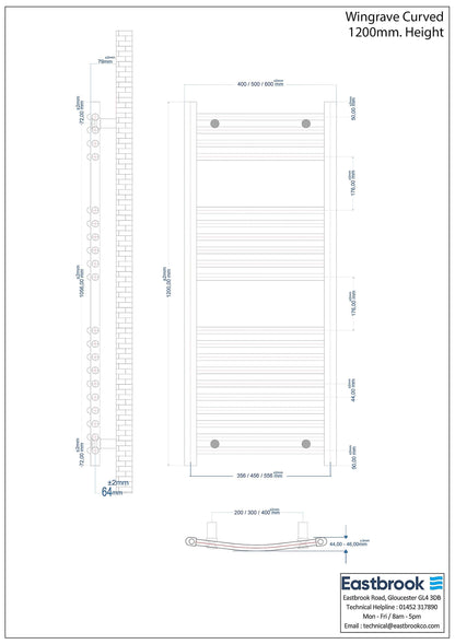 Eastbrook Wingrave Electric Curved Gloss White Towel Rail 1200mm x 400mm Technical Image 89.0702-ELE
