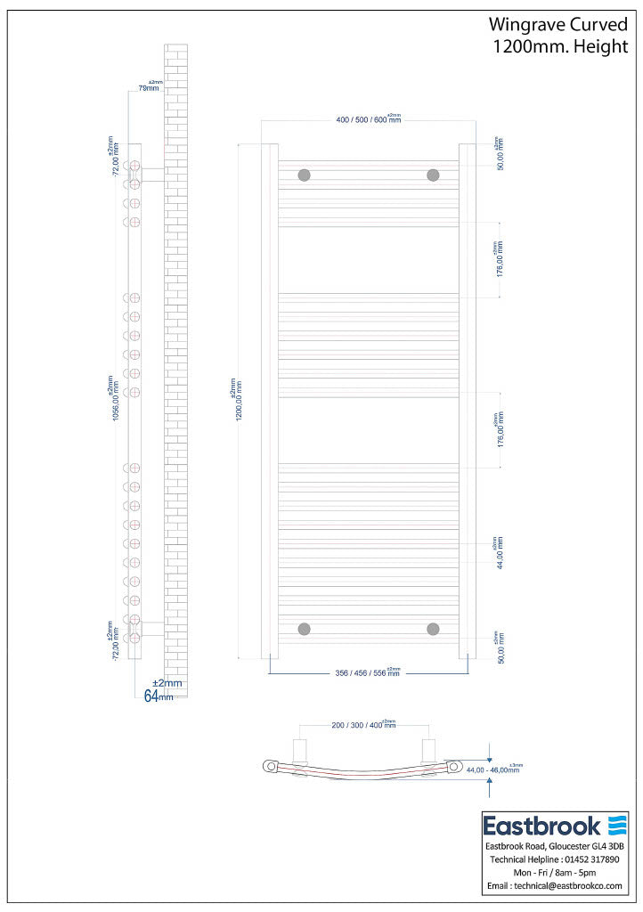 Eastbrook Wingrave Electric Curved Gloss White Towel Rail 1200mm x 600mm Technical Image 89.0704-ELE