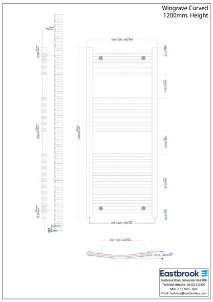 Eastbrook Wingrave Electric Curved Gloss White Towel Rail 1200mm x 600mm Technical Image 89.0704-ELE