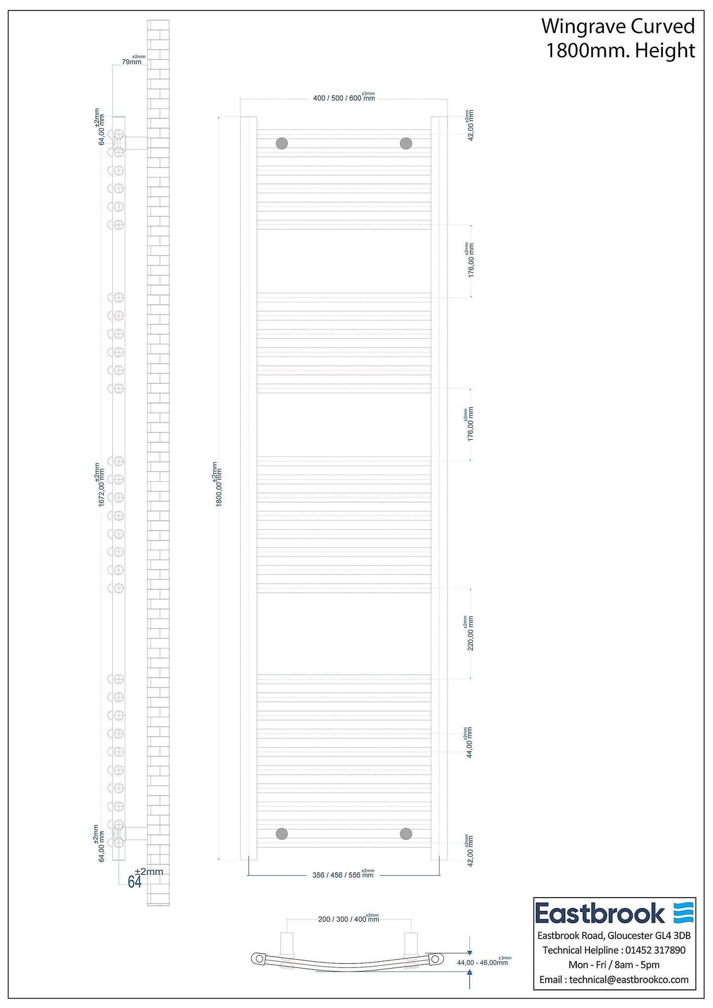 Eastbrook Wingrave Electric Curved Gloss White Towel Rail 1800mm x 400mm Technical Image 89.0708-ELE