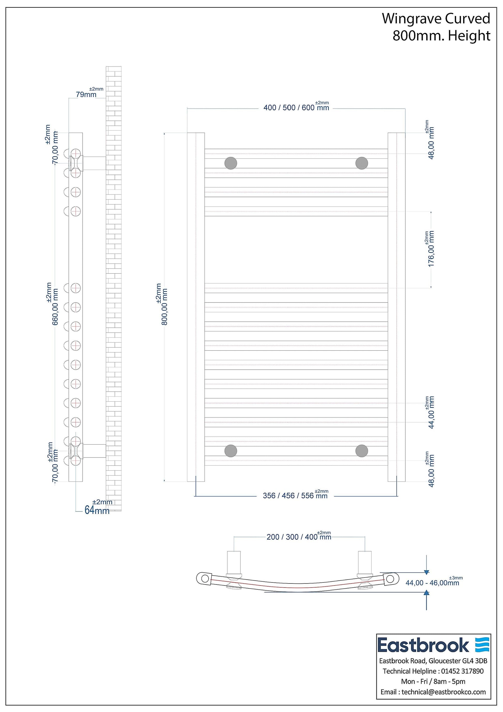 Eastbrook Wingrave Electric Curved Gloss White Towel Rail 800mm x 400mm Technical Image 89.0696-ELE