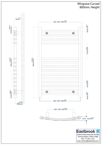 Eastbrook Wingrave Electric Curved Gloss White Towel Rail 800mm x 400mm Technical Image 89.0696-ELE