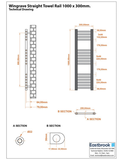 Eastbrook Wingrave Electric Straight Chrome Towel Rail 1000mm x 300mm Technical Image 89.0691-ELE