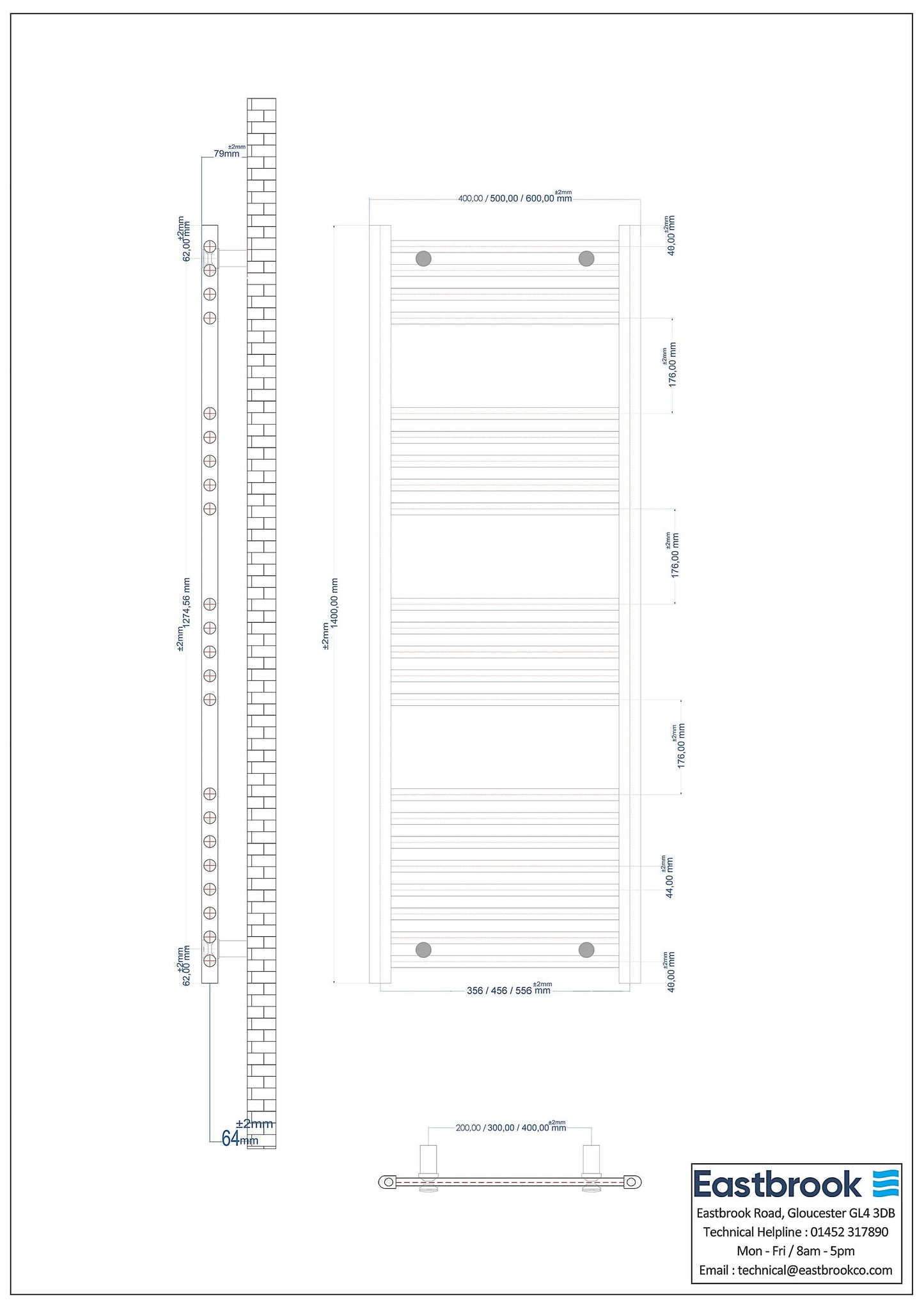 Eastbrook Wingrave Electric Straight Chrome Towel Rail 1400mm x 500mm Technical Image 89.0531-ELE