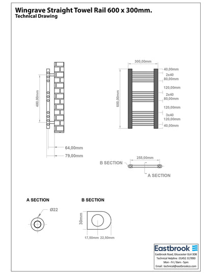 Eastbrook Wingrave Electric Straight Chrome Towel Rail 600mm x 300mm Technical Image 89.0686-ELE