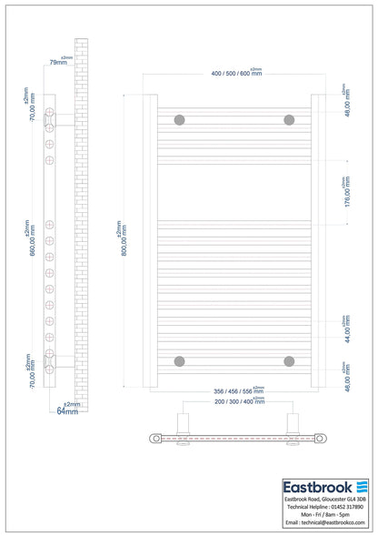 Eastbrook Wingrave Electric Straight Chrome Towel Rail 800mm x 600mm Technical Image 89.0093-ELE