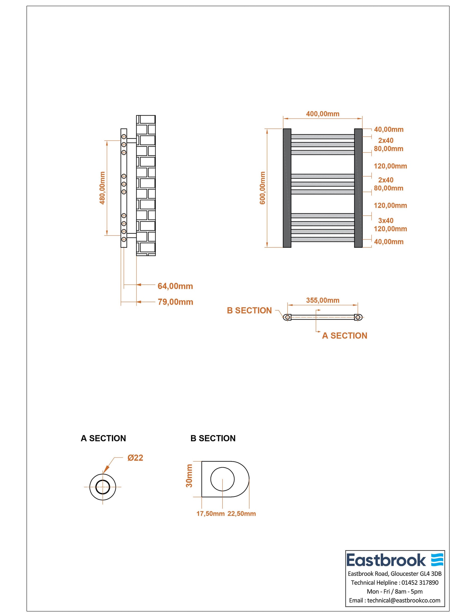 Eastbrook Wingrave Electric Straight Gloss White Towel Rail 600mm x 400mm Technical Image 89.0647-ELE