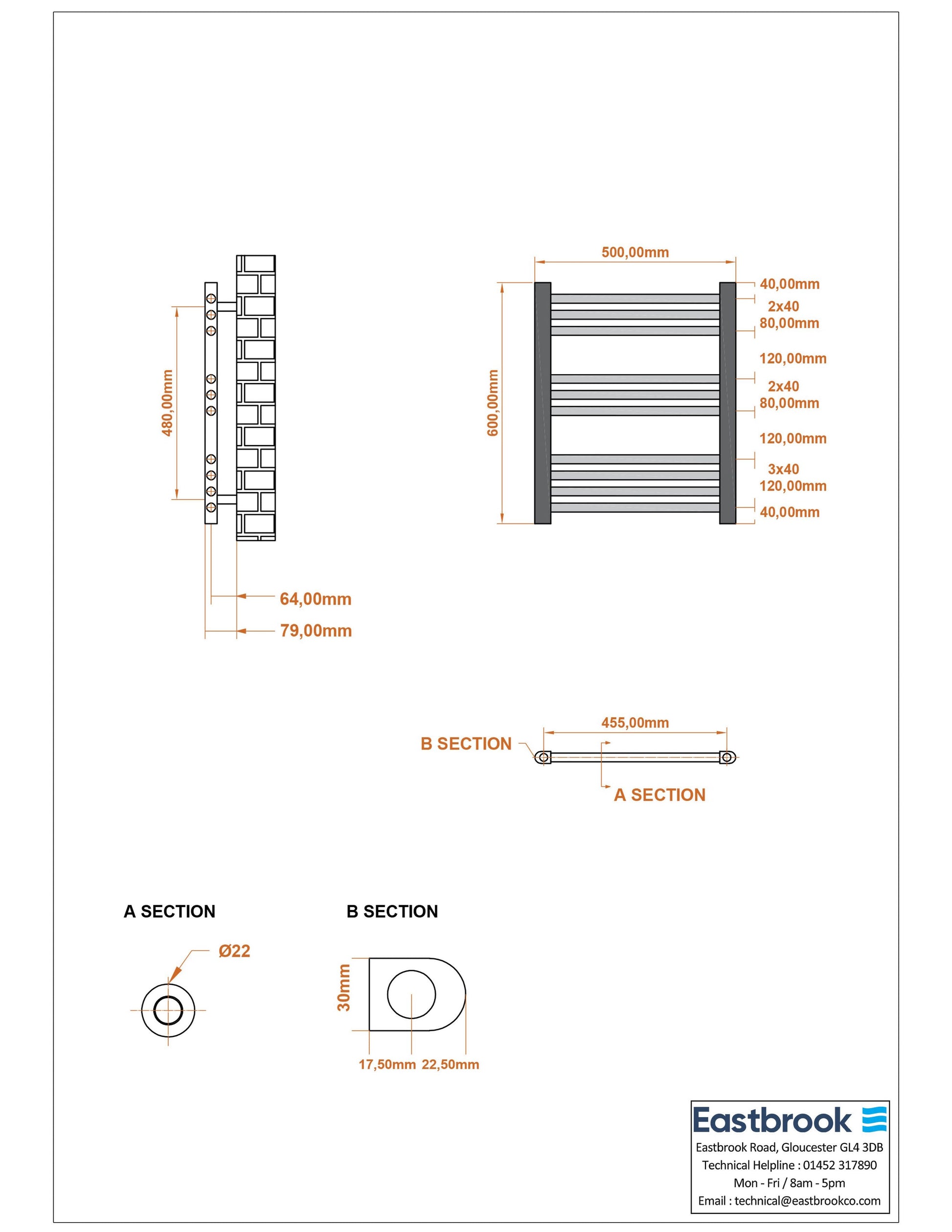 Eastbrook Wingrave Electric Straight Gloss White Towel Rail 600mm x 500mm Technical Image 89.0648-ELE