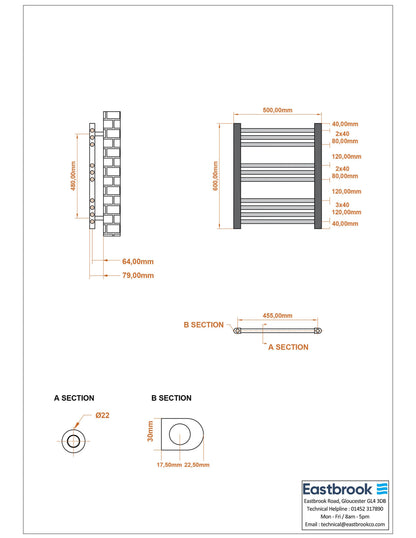 Eastbrook Wingrave Electric Straight Gloss White Towel Rail 600mm x 500mm Technical Image 89.0648-ELE