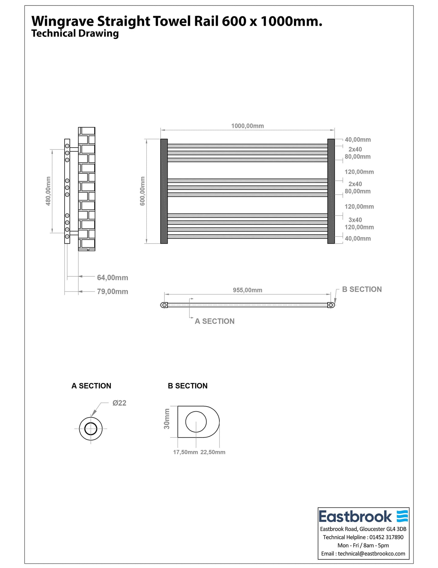Eastbrook Wingrave Electric Straight Matt Anthracite Towel Rail 600mm x 1000mm Technical Image 89.1445-ELE