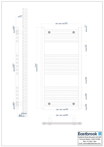Eastbrook Wingrave Electric Straight Matt Black Towel Rail 1000mm x 400mm Technical Image 89.0599-ELE