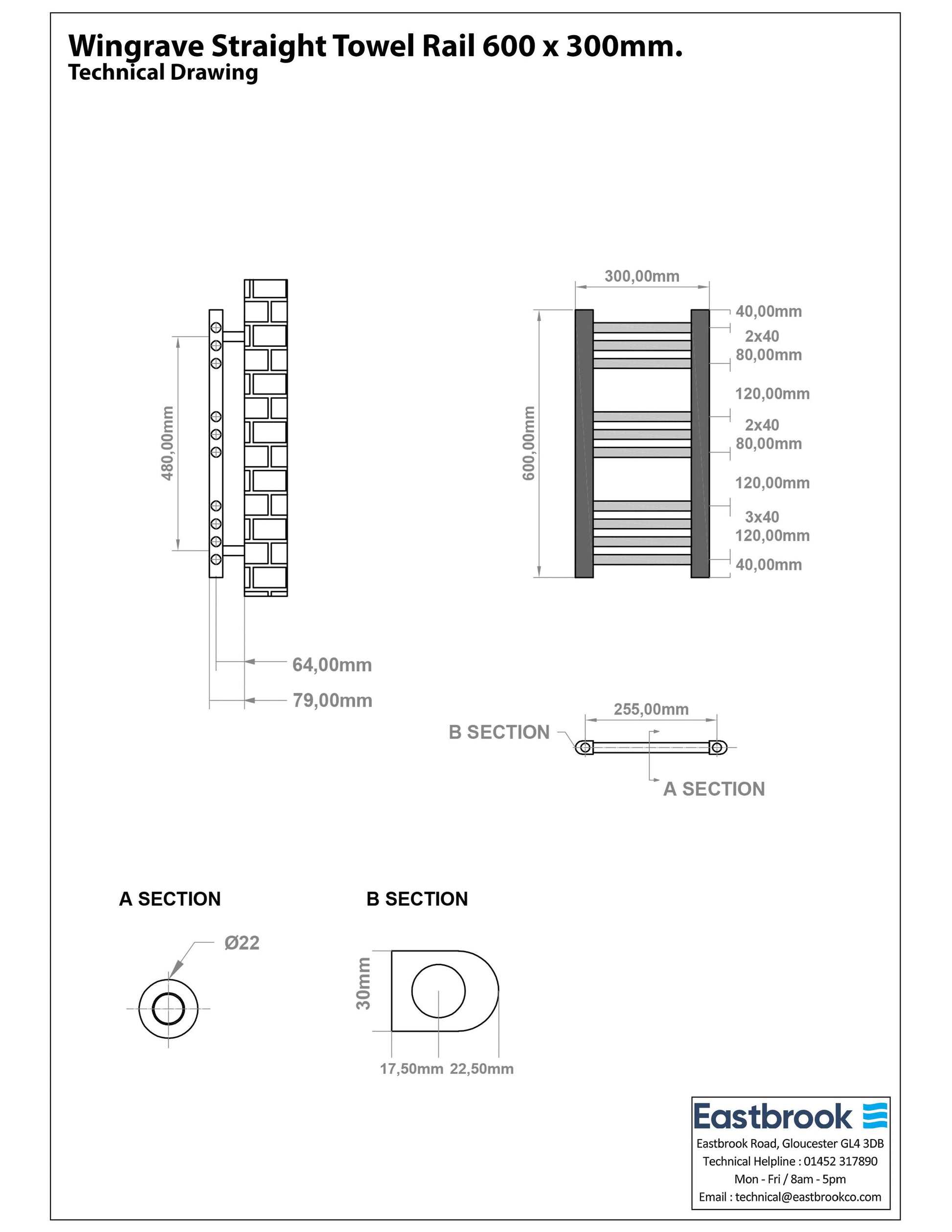 Eastbrook Wingrave Electric Straight Matt Black Towel Rail 600mm x 300mm Technical Image 89.0676-ELE