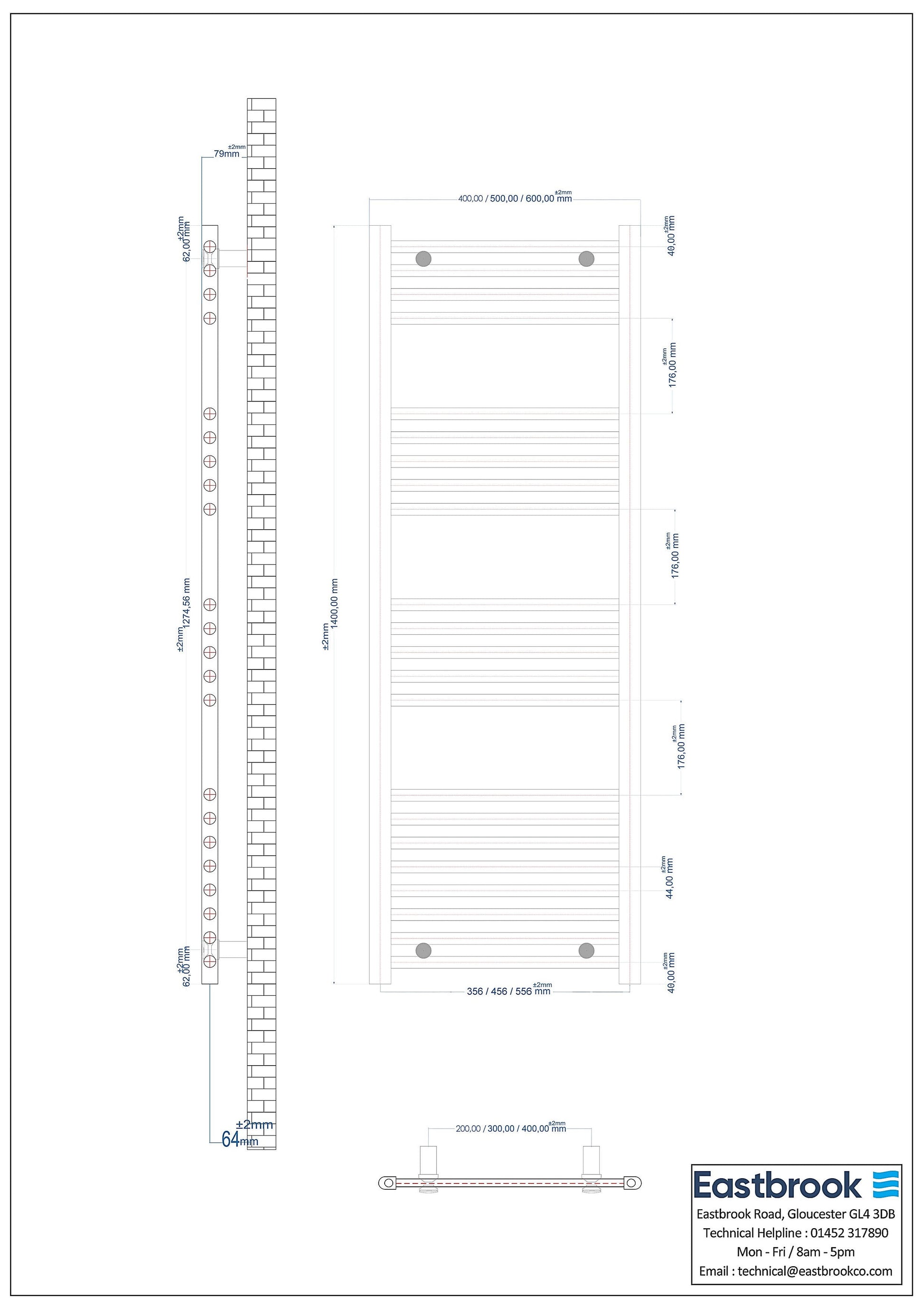 Eastbrook Wingrave Electric Straight Matt Grey Towel Rail 1400mm x 400mm Technical Image 89.1428-ELE