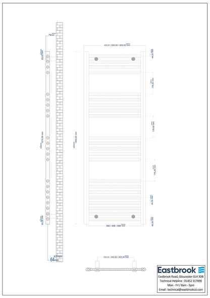 Eastbrook Wingrave Electric Straight Matt Grey Towel Rail 1400mm x 400mm Technical Image 89.1428-ELE