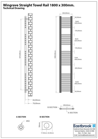Eastbrook Wingrave Electric Straight Matt Grey Towel Rail 1800mm x 300mm Technical Image 89.1435-ELE