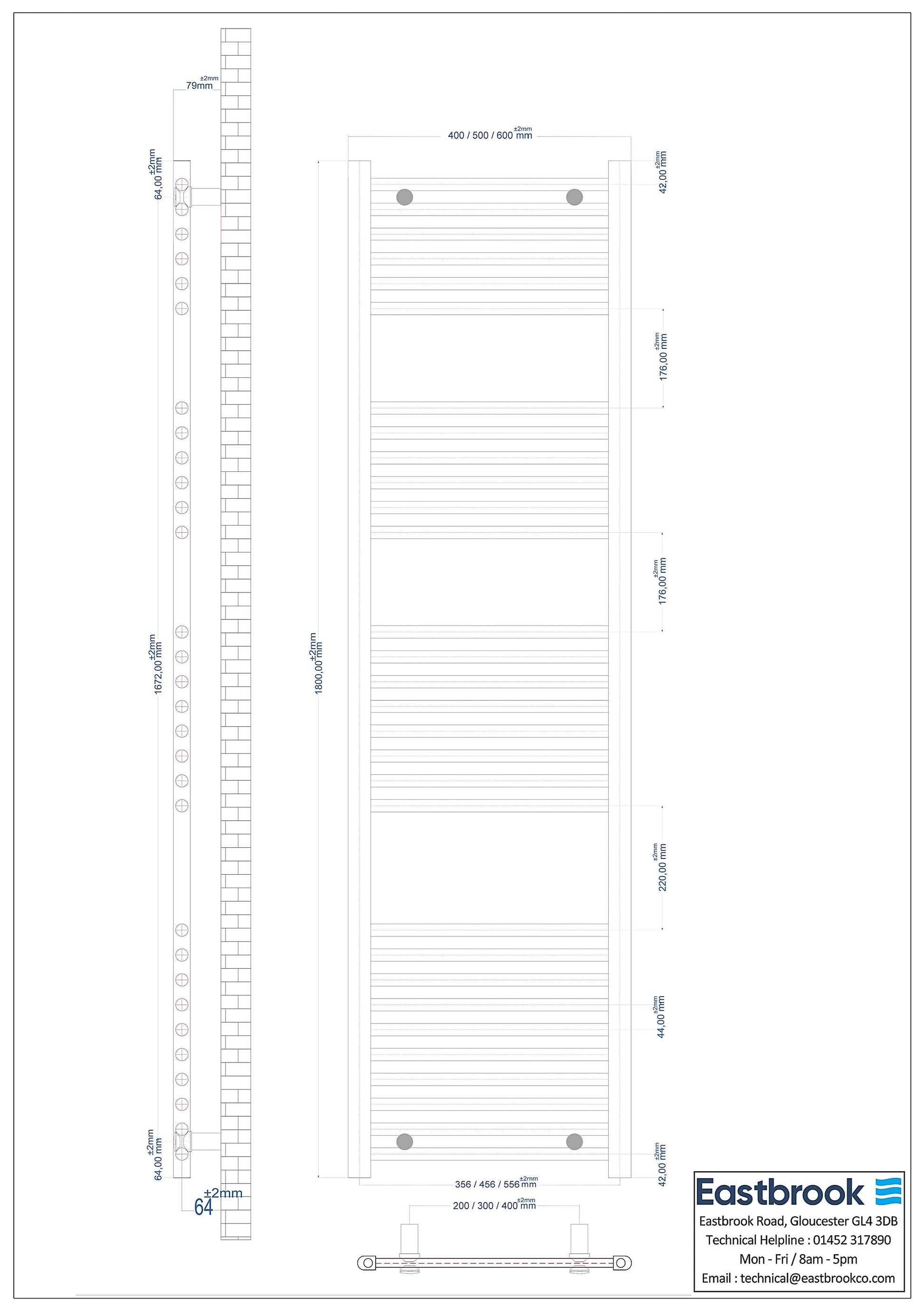Eastbrook Wingrave Electric Straight Matt Grey Towel Rail 1800mm x 600mm Technical Image 89.1438-ELE
