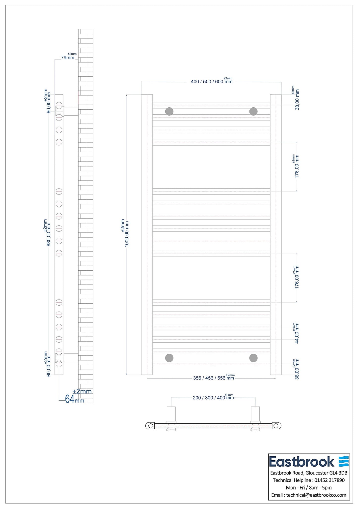 Eastbrook Wingrave Electric Straight Matt White Towel Rail 1000mm x 600mm Technical Image 89.0064-ELE