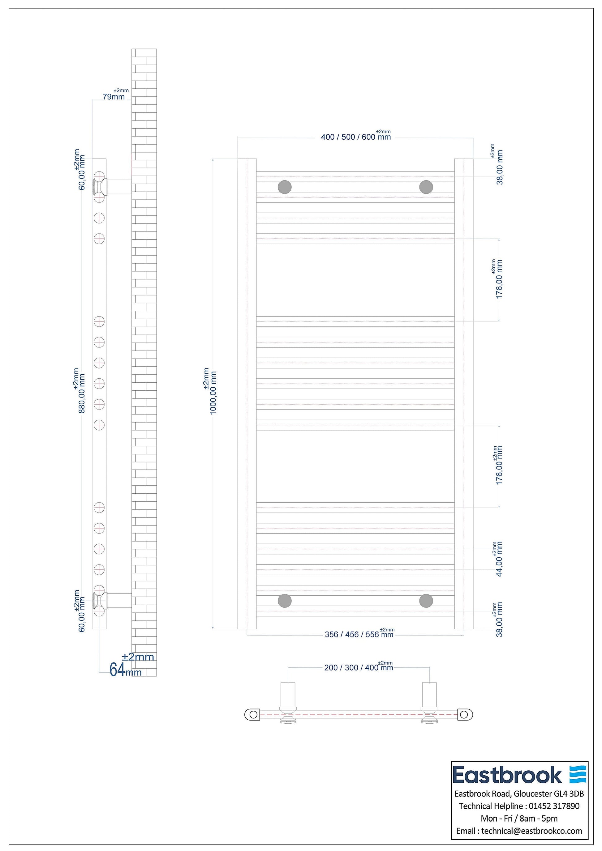 Eastbrook Wingrave Electric Straight Matt White Towel Rail 1000mm x 600mm Technical Image 89.0064-ELE