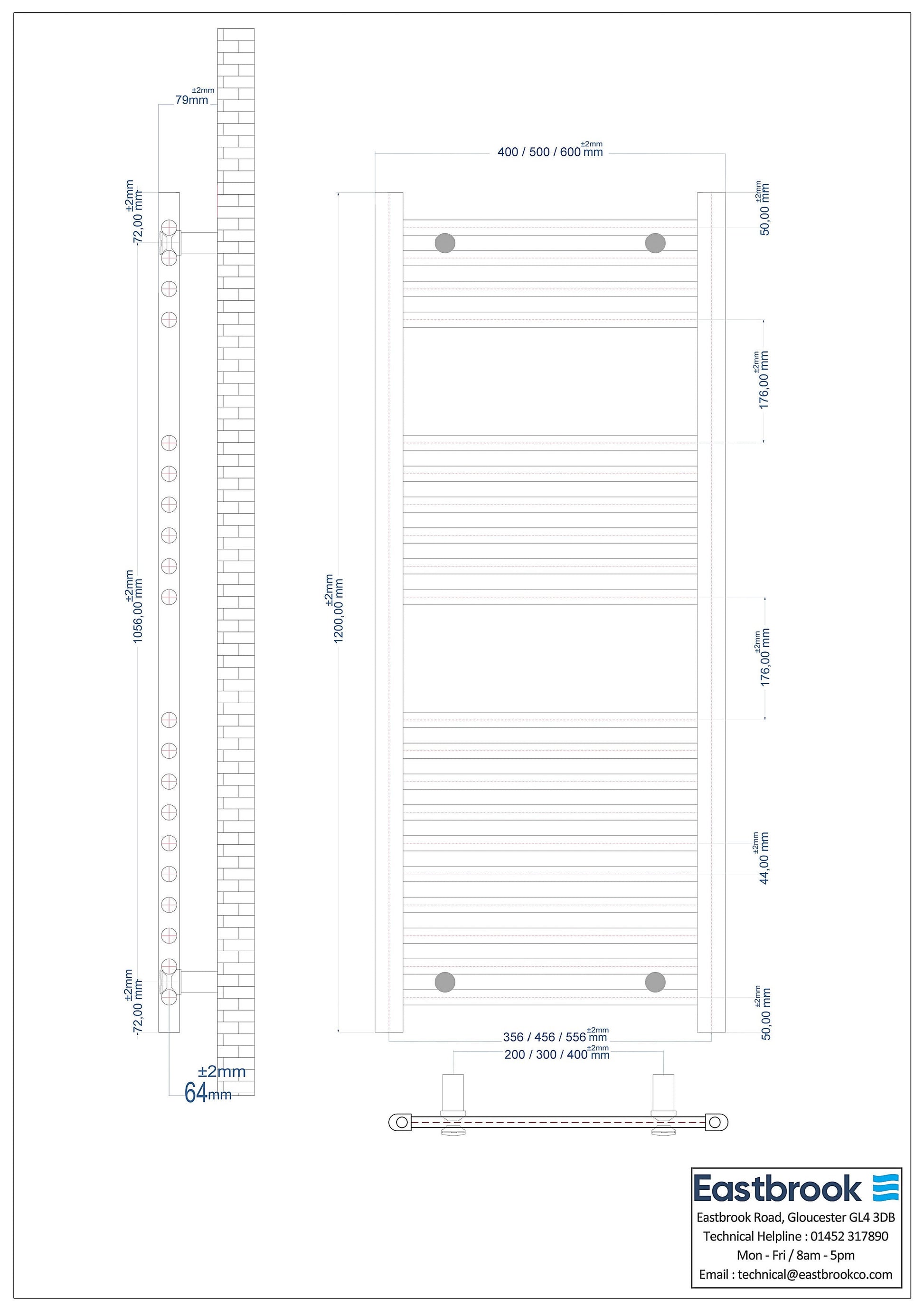 Eastbrook Wingrave Electric Straight Matt White Towel Rail 1200mm x 500mm Technical Image 89.0060-ELE