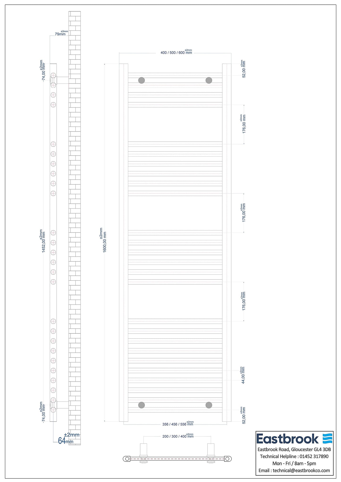 Eastbrook Wingrave Electric Straight Matt White Towel Rail 1600mm x 400mm Technical Image 89.0056-ELE