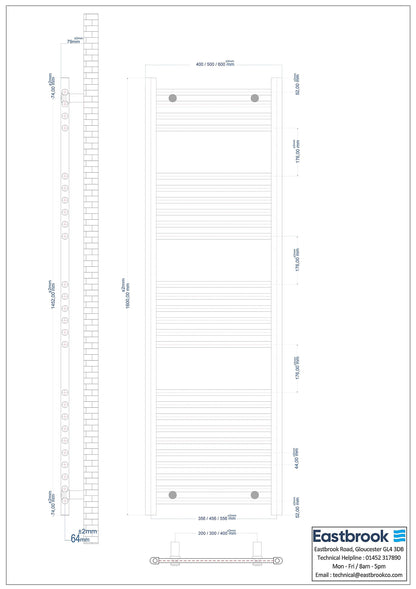 Eastbrook Wingrave Electric Straight Matt White Towel Rail 1600mm x 400mm Technical Image 89.0056-ELE