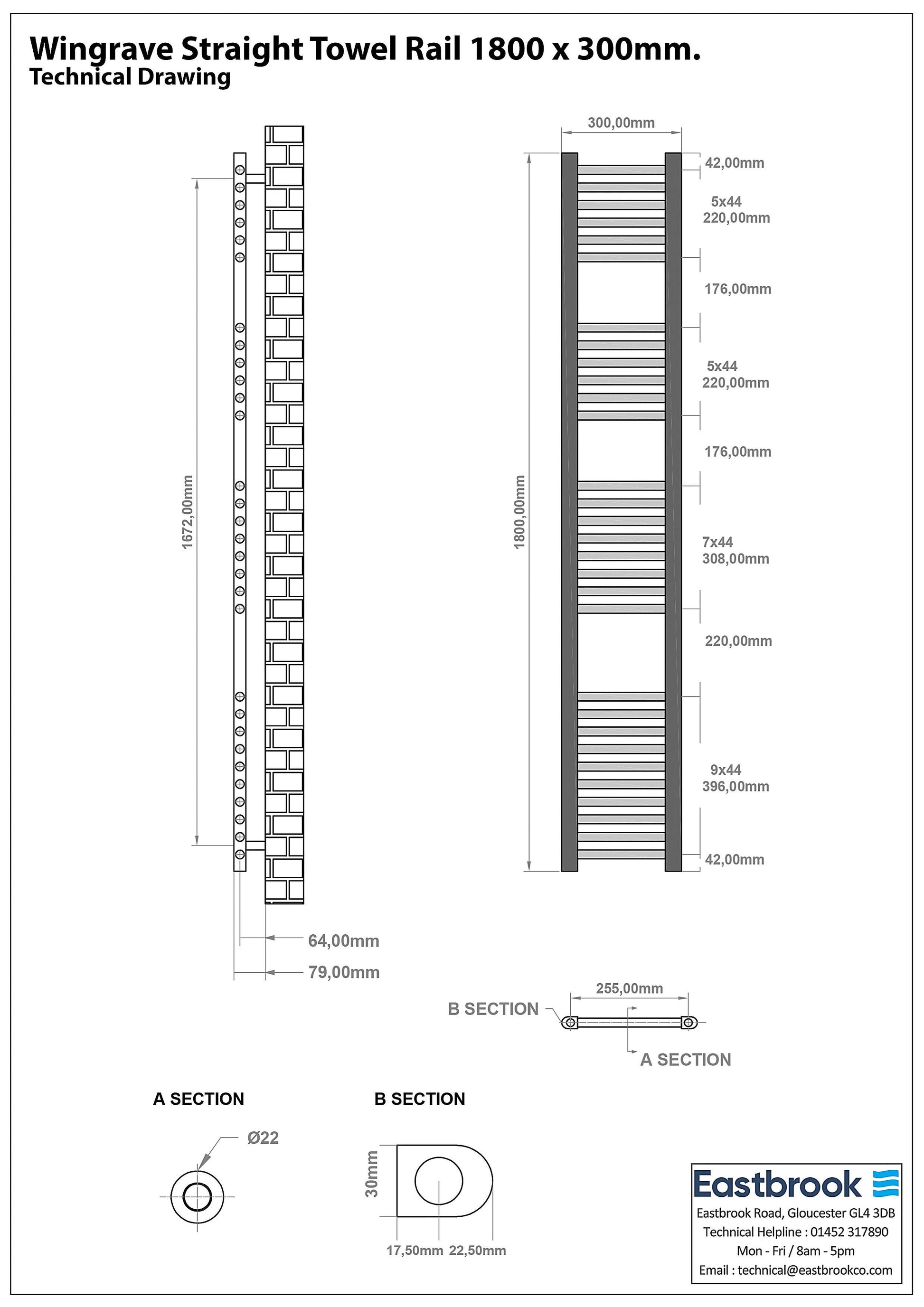 Eastbrook Wingrave Electric Straight Matt White Towel Rail 1800mm x 300mm Technical Image 89.0665-ELE