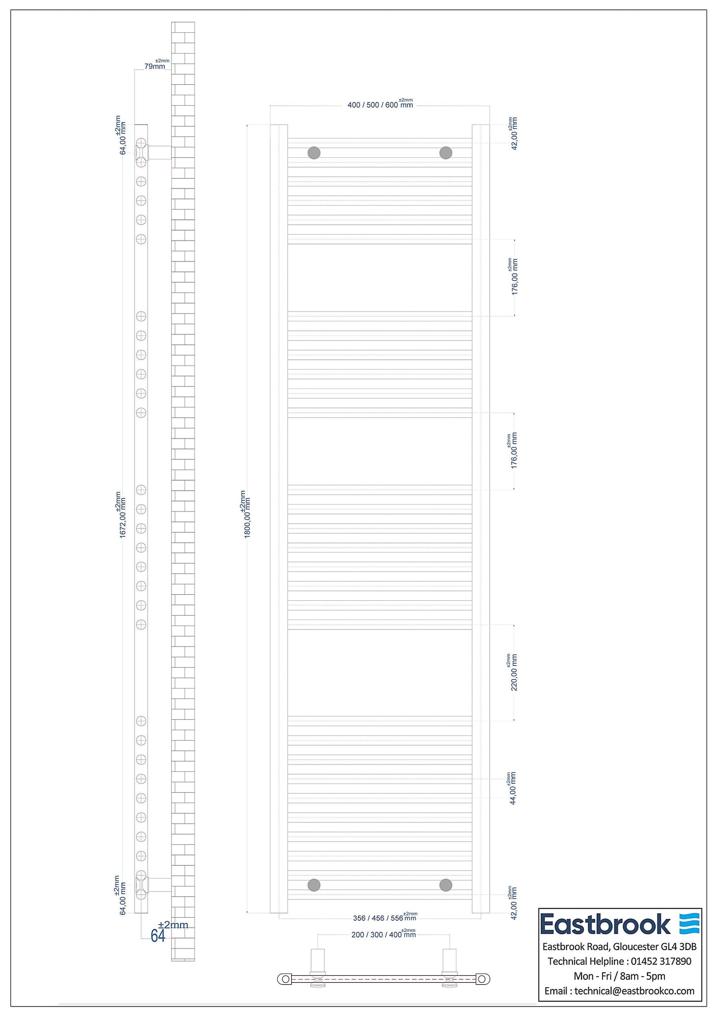 Eastbrook Wingrave Electric Straight Matt White Towel Rail 1800mm x 500mm Technical Image 89.0062-ELE